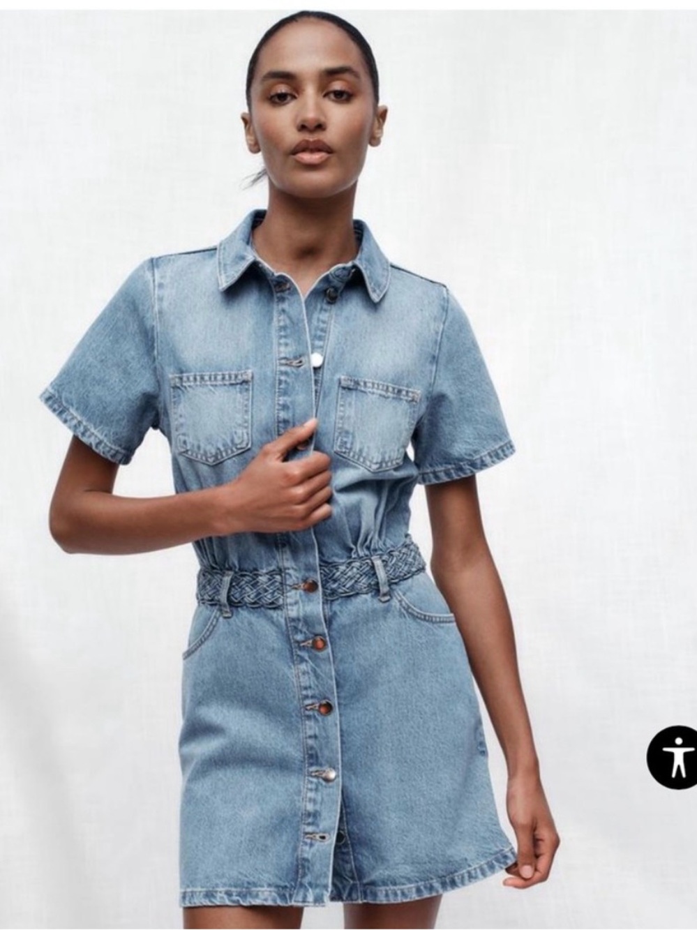 Zara Light Blue Denim Button-Front Mini Dress with Braided Waistband